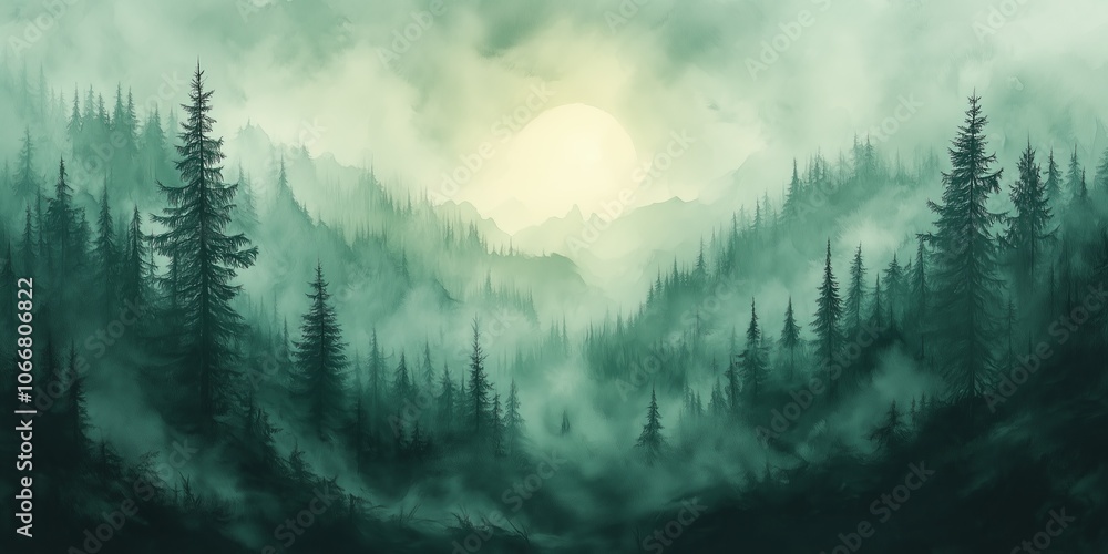 Poster misty forest landscape at dawn with silhouette of trees and soft light illuminating the mountains in