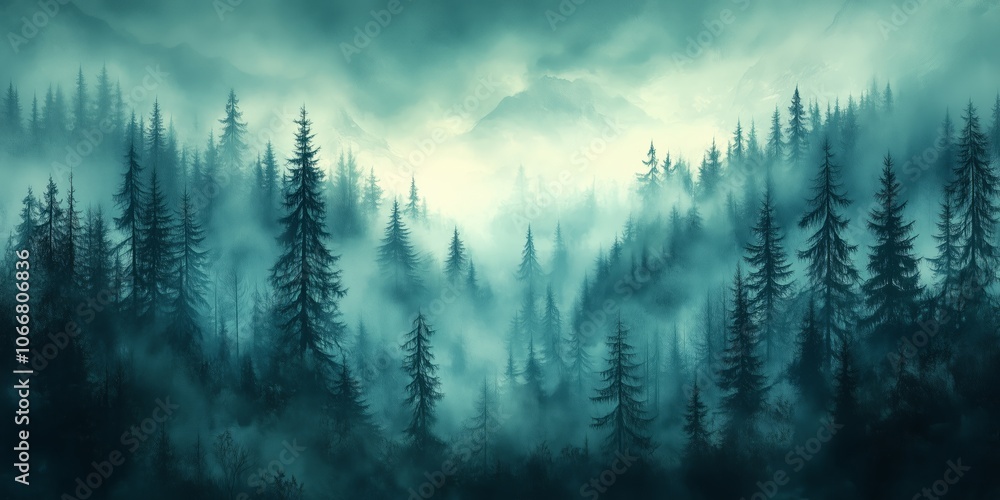 Poster misty forest landscape at dawn showcasing towering conifer trees surrounded by thick fog and soft li