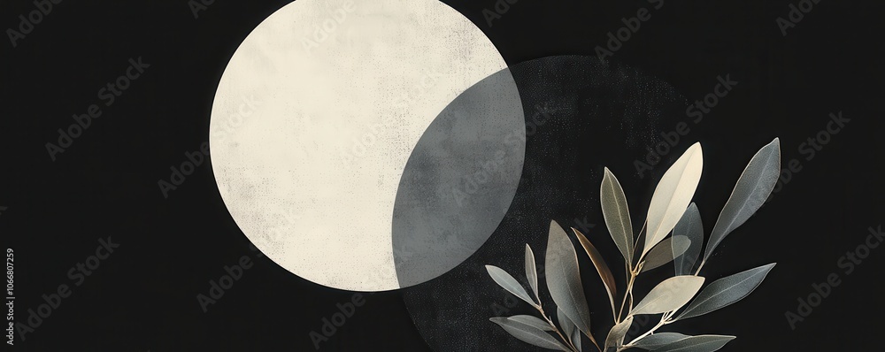 Aufkleber minimalist design featuring two overlapping circles with elegant eucalyptus leaves on dark textured 