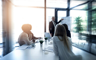 Presentation, man and mentor with business people in meeting for financial, speaker and company...