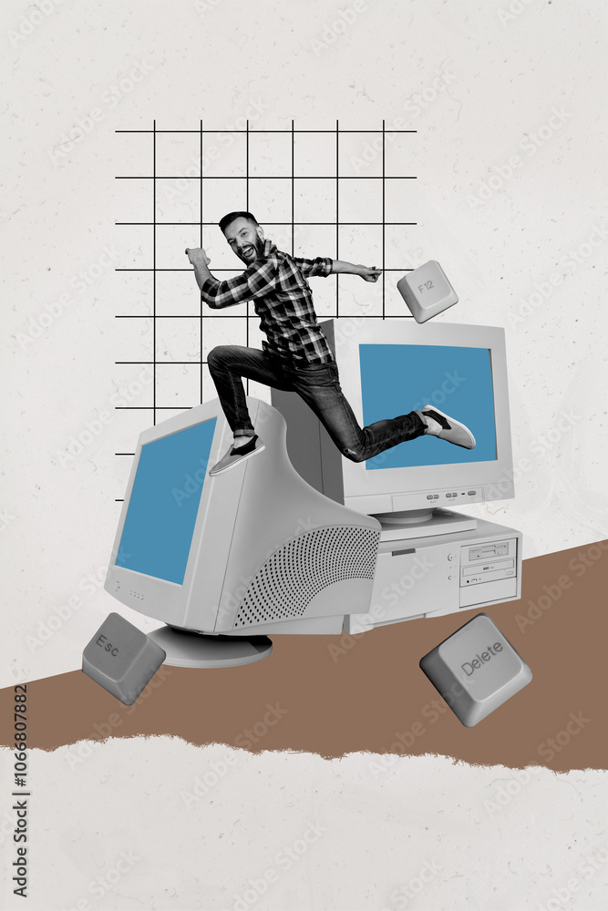 Poster vertical photo collage of happy man it master run broke keypad buttons pc monitor screen device desk