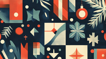 Obraz premium Colorful geometric pattern with holiday decorations and foliage on a dark background