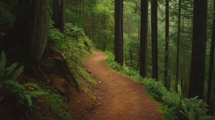 Obraz premium Forest trail winding through tall trees, representing hiking and nature travel experiences