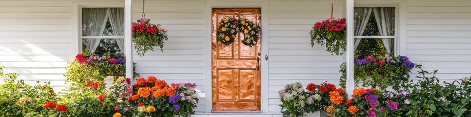 Fototapeta premium Professional photo of a white vintage house with colorful flowers and a copper front door.
