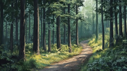 Fototapeta premium Forest trail winding through tall trees, representing hiking and nature travel experiences