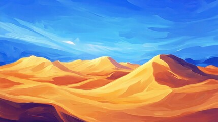 Naklejka premium Golden sand dunes in a desert landscape under a blue sky, creating a warm travel vibe