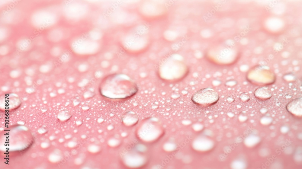 Poster soft pink water droplets gather on a sleek surface, creating a serene and refreshing visual effect, 