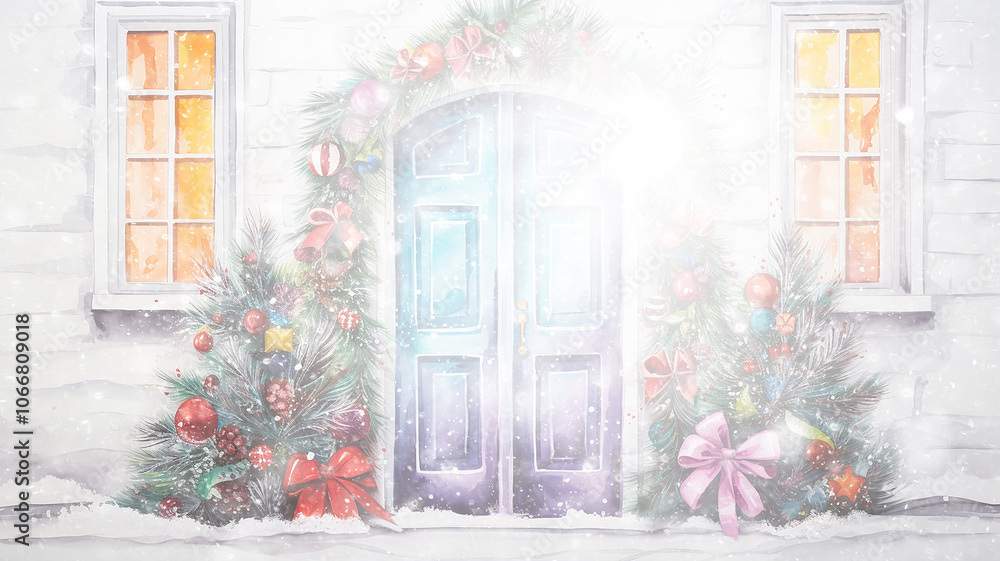 Sticker christmas winter decoration background, white snowfall decorated door, new year entrance postcard copy space