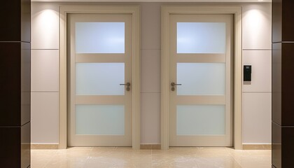 Contemporary real estate design with chic ivory doors and frosted glass details.