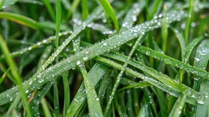 Delicate drops of morning dew cling to lush green grass blades, reflecting light in a serene outdoor landscape at dawn