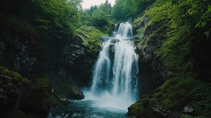 Fototapeta premium Majestic waterfall in a lush green forest, showcasing natural beauty for travel inspiration