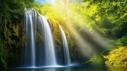 Fototapeta premium Majestic waterfall in a lush green forest, showcasing natural beauty for travel inspiration