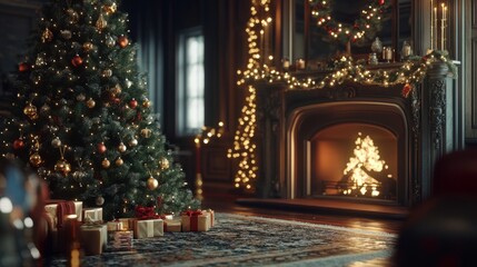 Fototapeta premium Cozy Christmas living room with fireplace, decorated tree, and wrapped gifts