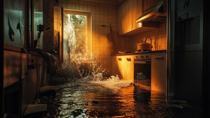 A broken water pipe in the kitchen is releasing a torrent of water, flooding the floor and creating chaos in the afternoon light. This urgent situation requires immediate attention