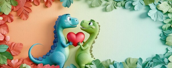 Go Beyond Ordinary, Visualize Dinosaurs in Love with Heart-Shaped Leaves, Spectacular Wide-Angle View