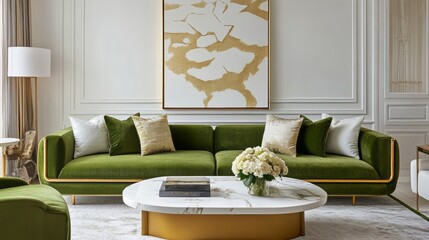 Green Velvet Sofa with Gold Accents in a Modern Living Room