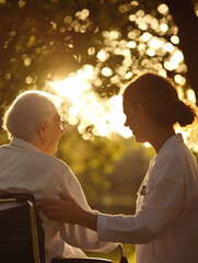 Healthcare worker comforting an elderly person in a wheelchair during a sunset, evoking empathy, care, and a deep bond in a serene outdoor setting