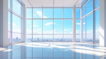 Empty room with large windows. This photo can be used to represent concepts of space, freedom, or growth.