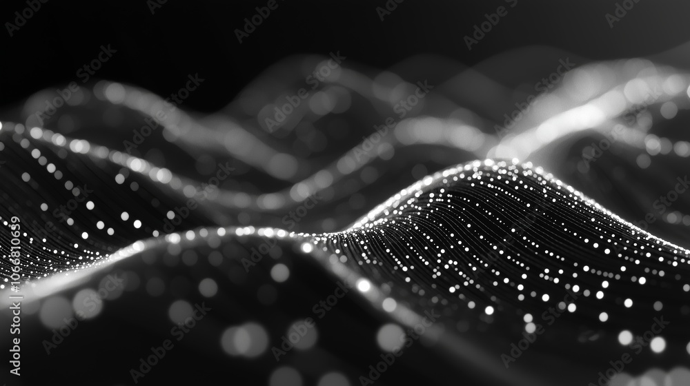 Poster abstract wave patterns with glowing particles in black and white showcase dynamic movement and depth