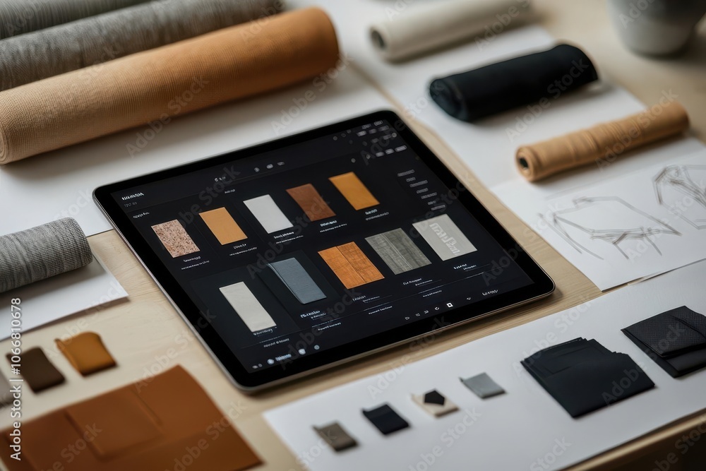 Aufkleber a collection of fabric swatches, sketches, and a tablet displaying design options, organized on a wo