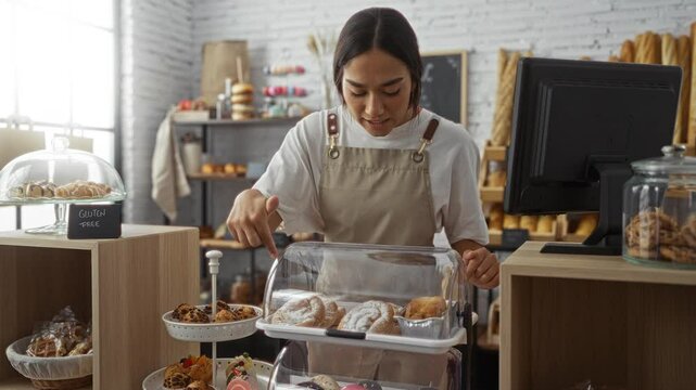 Woman working in bakery arranging pastries near cash register counter gluten-free options shelves bread indoor market