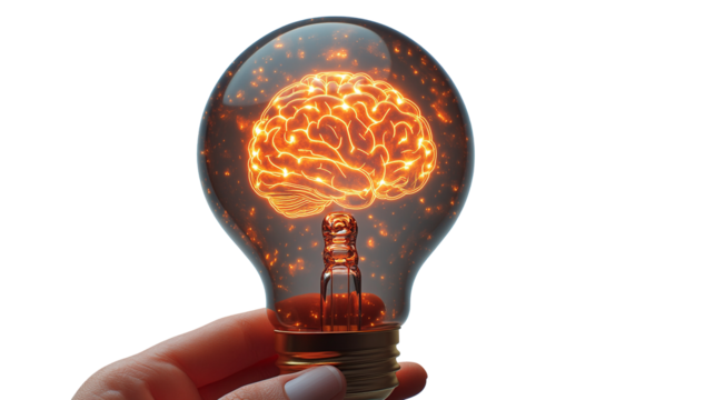 Hand holding light bulb with glowing brain inside, symbolizing innovation.