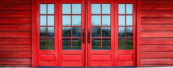 Obraz premium Angled view of vibrant red double doors with reflective glass for real estate.