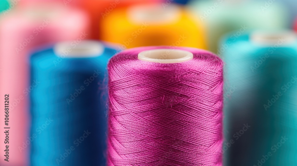 Poster a collection of vibrant spools of thread arranged in a textile workshop, highlighting an array of co