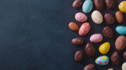 Naklejka premium Colorful chocolate Easter treats are spread across a dark surface, creating an inviting arrangement perfect for the holiday celebration