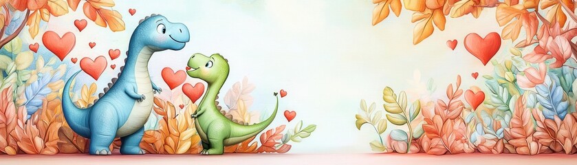 Obraz premium Unique Wide-Angle Shot of Dinosaurs in Love, Surrounded by Heart-Shaped Leaves