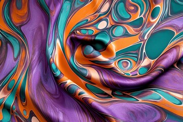 Motif tourbillonnant et vibrant en violet, turquoise et orange avec une texture fluide et une finition glossy..