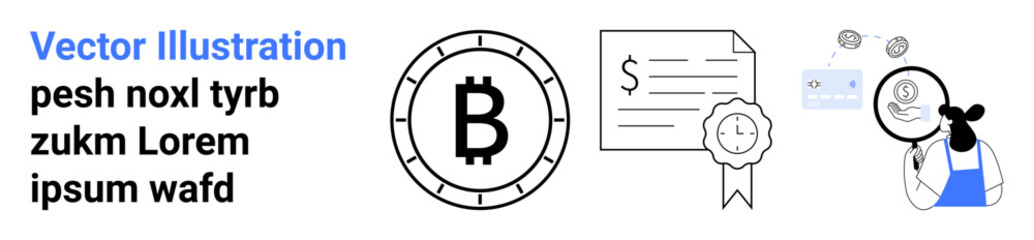Bitcoin symbol, certificate with ribbon, magnifying glass on folded paper, dollar symbol, and thinking person. Ideal for cryptocurrency analysis, blockchain technology, financial certifications