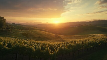 Naklejka premium Sunset over rolling vineyards, ideal for wine tourism and scenic countryside travel