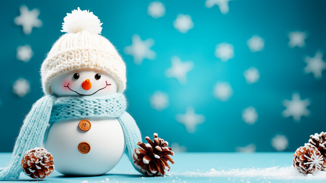 Soriente mu&ntilde;eco de nieve con gorro y bufanda, pi&ntilde;as y decoraci&oacute;n navide&ntilde;a en fondo azul claro con espacio para felicitaci&oacute;n de Navidad.