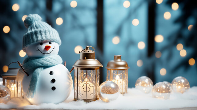 Tarjeta de Navidad. Muñeco de nieve en un paisaje de invierno nevado con espacio para felicitación de Año Nuevo 2024.