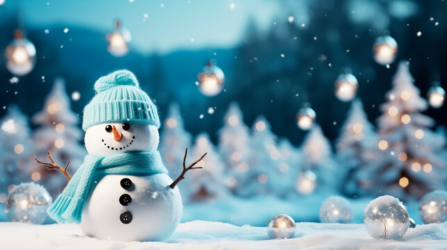 Tarjeta de Navidad. Muñeco de nieve en un paisaje de invierno nevado con espacio para felicitación de Año Nuevo 2024. - Powered by Adobe