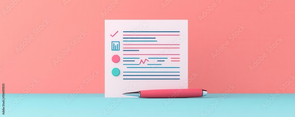 Poster a colorful document with graphs and checkmarks is displayed beside a pink pen on a contrasting blue 