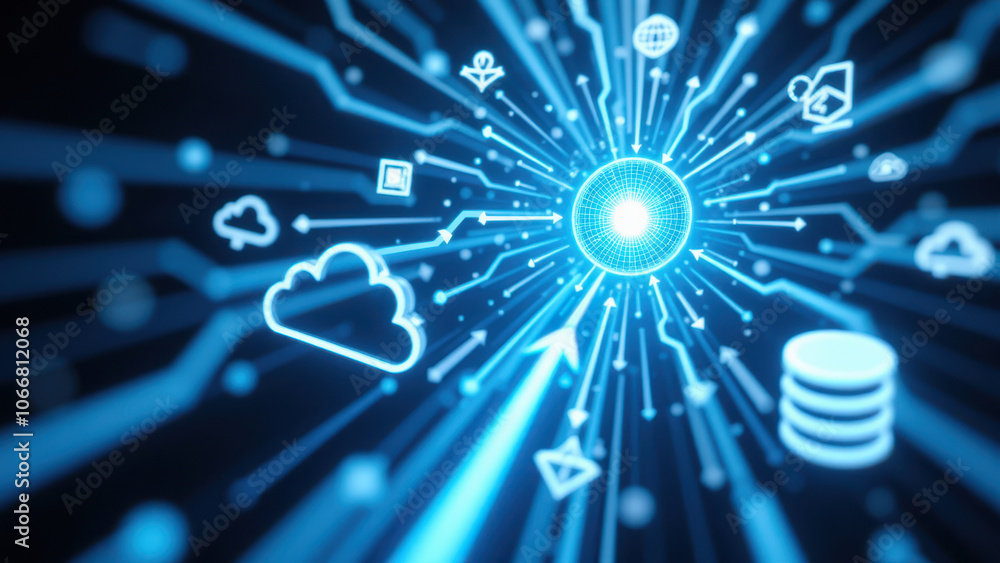 Poster abstract image featuring the concept of continuous integration and delivery (ci/cd) with a network o