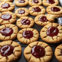 Freshly Baked Golden Brown Thumbprint Cookies with Vibrant Red Jam Filling on a Baking Sheet
