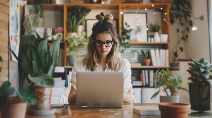A young woman in a white shirt and glasses working on her laptop in a home office setting.
