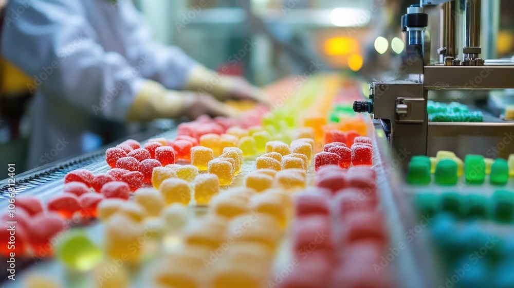 Poster A candy-making machine operates efficiently, creating vibrant gummy candies in various shapes as workers oversee the production process in a bustling factory