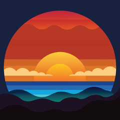 Vector illustration of a round frame with a sunset landscape