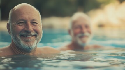 Fototapeta premium Two cheerful seniors swim in a pool, sharing laughter and enjoyment on a sunny day, highlighting the joy of friendship and active living