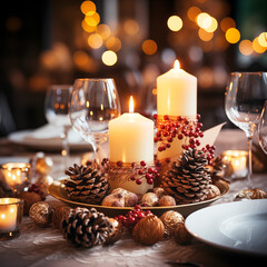 Elegante mesa navideña decorada con velas piñas copas sobre un menaje lujoso en un fondo de luces navideñas.