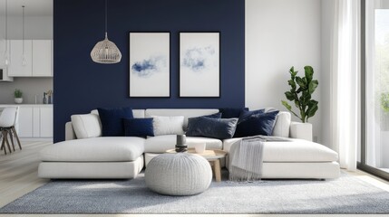 A White Sectional Sofa in a Modern Living Room with Blue Accents