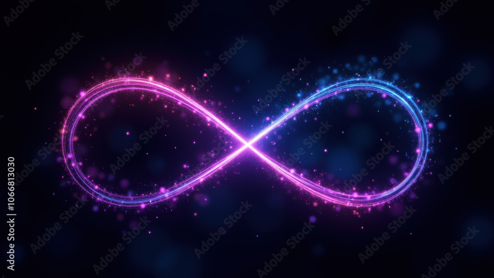 Poster a visually striking image featuring a large infinity symbol with vibrant purple and blue particles s