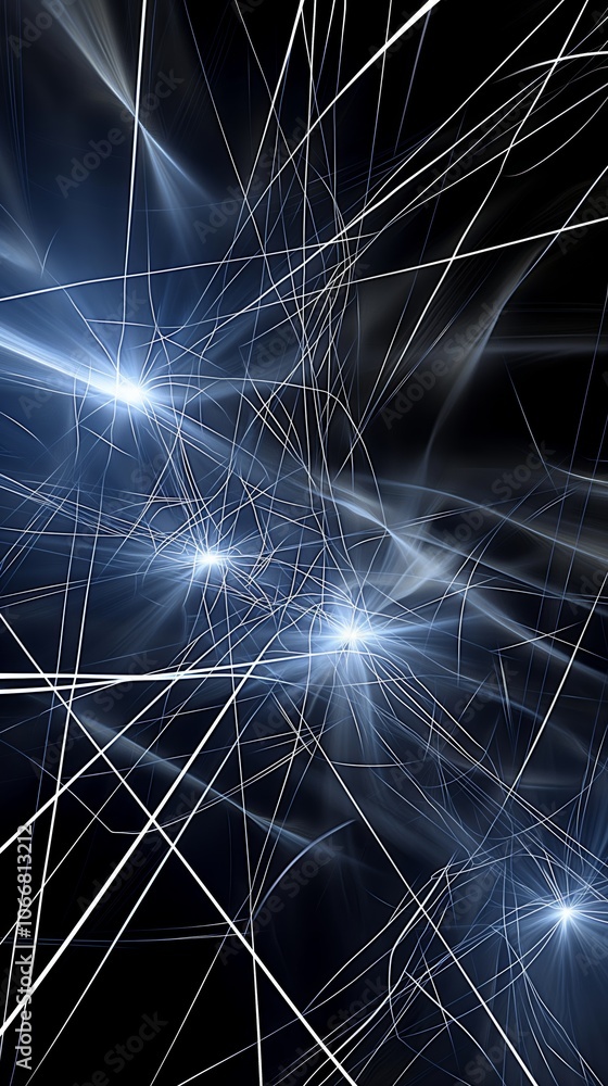 Poster intricate abstract design showcasing interconnected blue and silver lines against a dark gradient ba