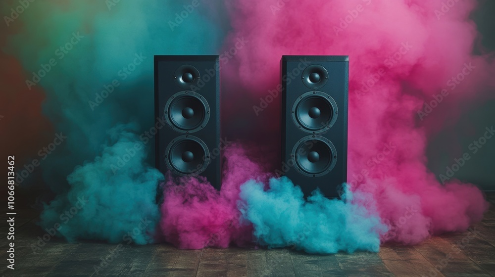 Poster the vibrant atmosphere features dynamic speakers surrounded by colorful smoke, creating an engaging 