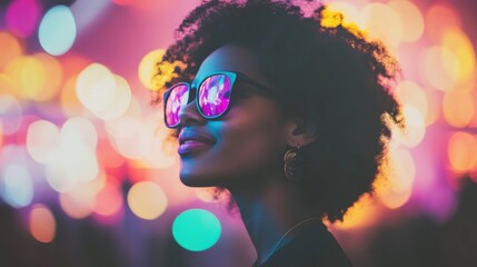 A woman immerses herself in the rhythm while dancing in a colorful, neon-lit nightclub packed with energy and excitement