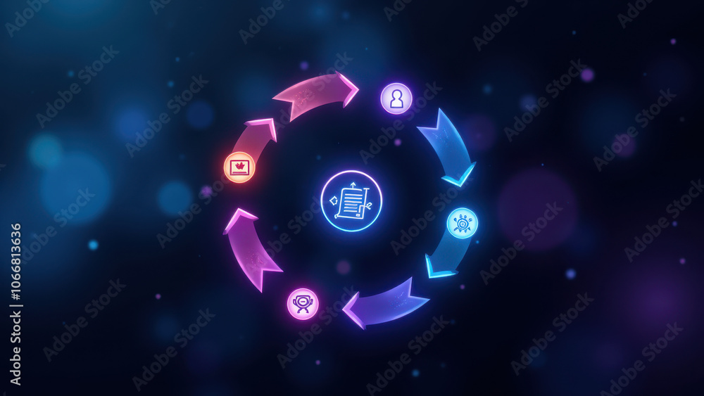 Poster a vibrant, colorful ci/cd process diagram with a central circle and multiple stages connected by arr